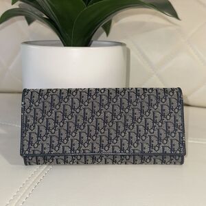 Dior Oblique Monogram Long Flap Women's Wallet Blue Beige Credit Card